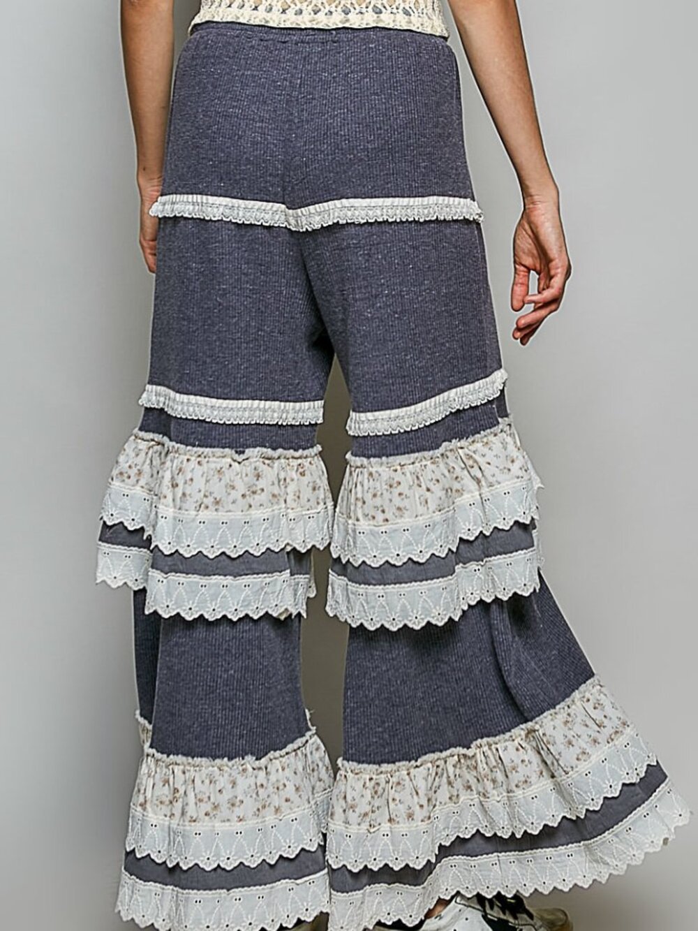 POL TIERED BOHO PANTS-CHARCOAL BLUE - Picture 2 of 2